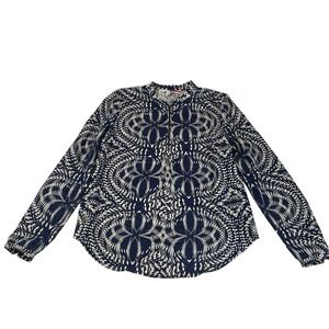 Tracy Reese Silk Blouse 6 Navy Cream Abstract Print Long Sleeve Boho